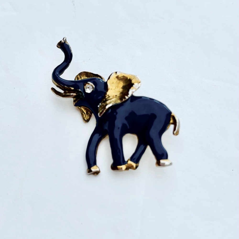 Vintage Elephant Enamel Brooch Cobalt Blue 1.5”